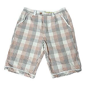 Silversilk Mens 100% Linen Seersucker Plaid Bermuda Style Preppy Shorts Size 38